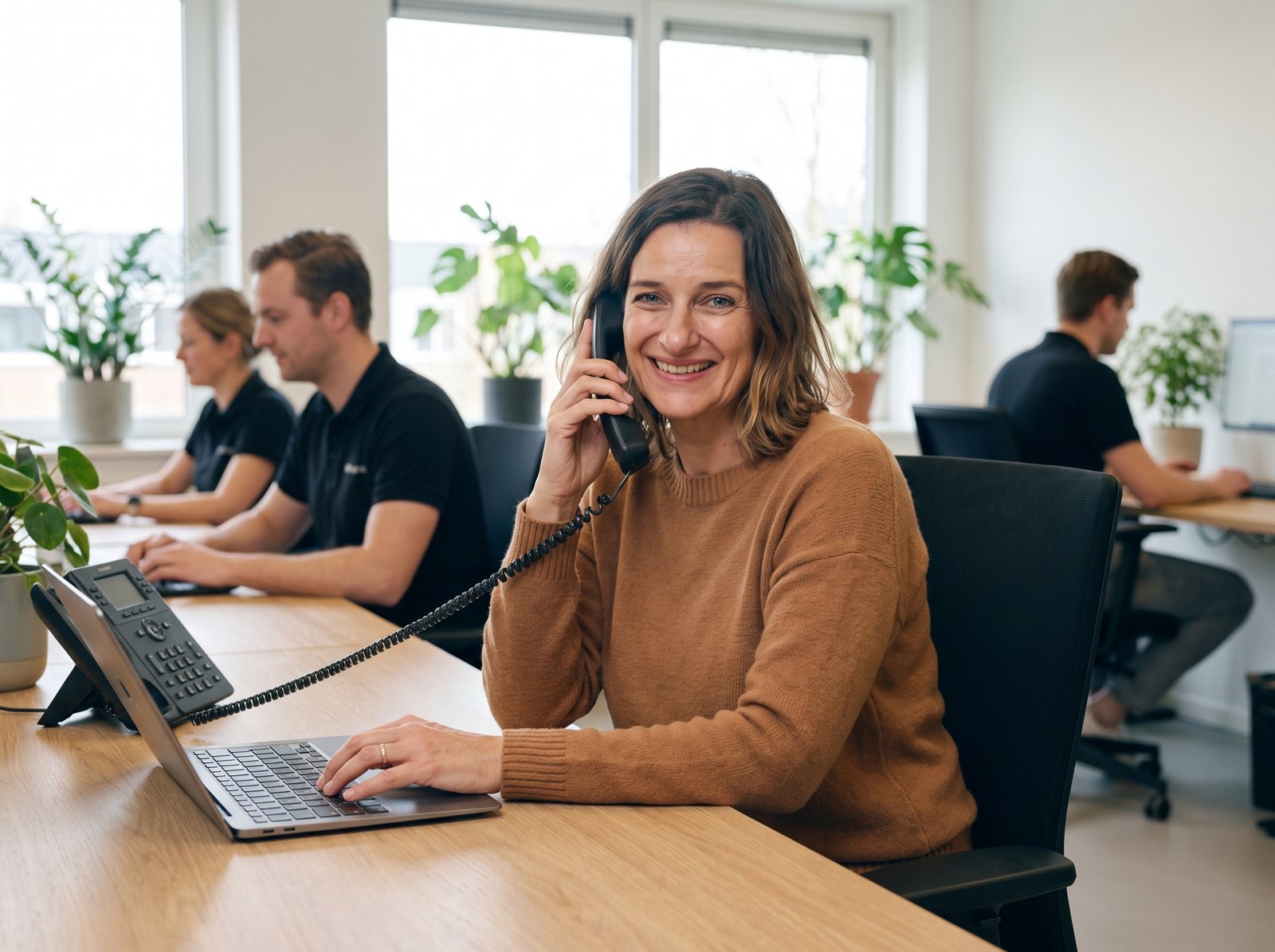 Sanne van KlimaatWereld helpt een klant telefonisch